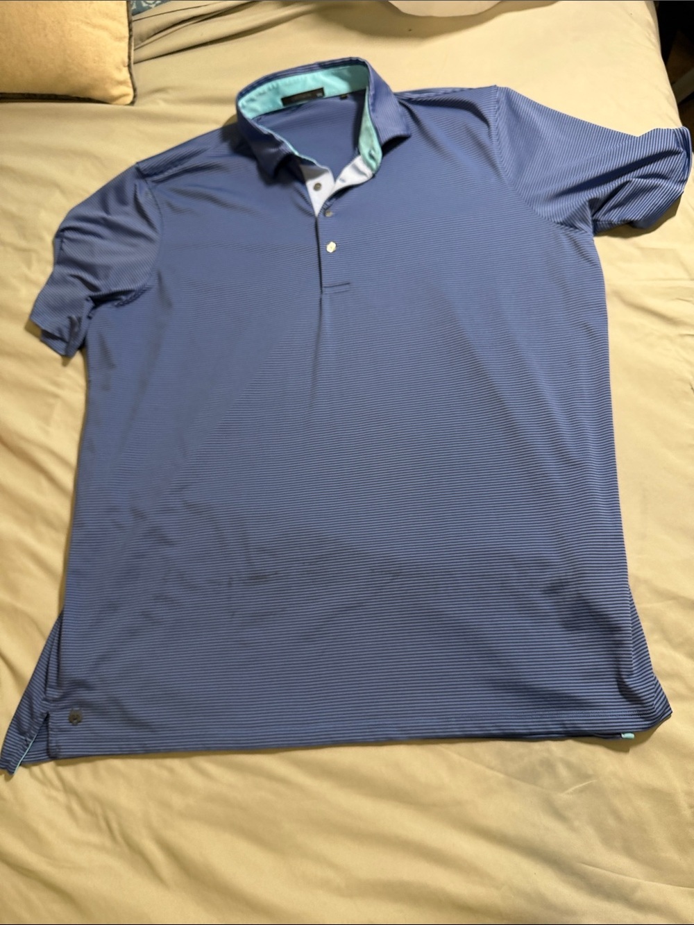 Greyson Men’s Micro-Stripe Polo in Blue with Aqua Trim